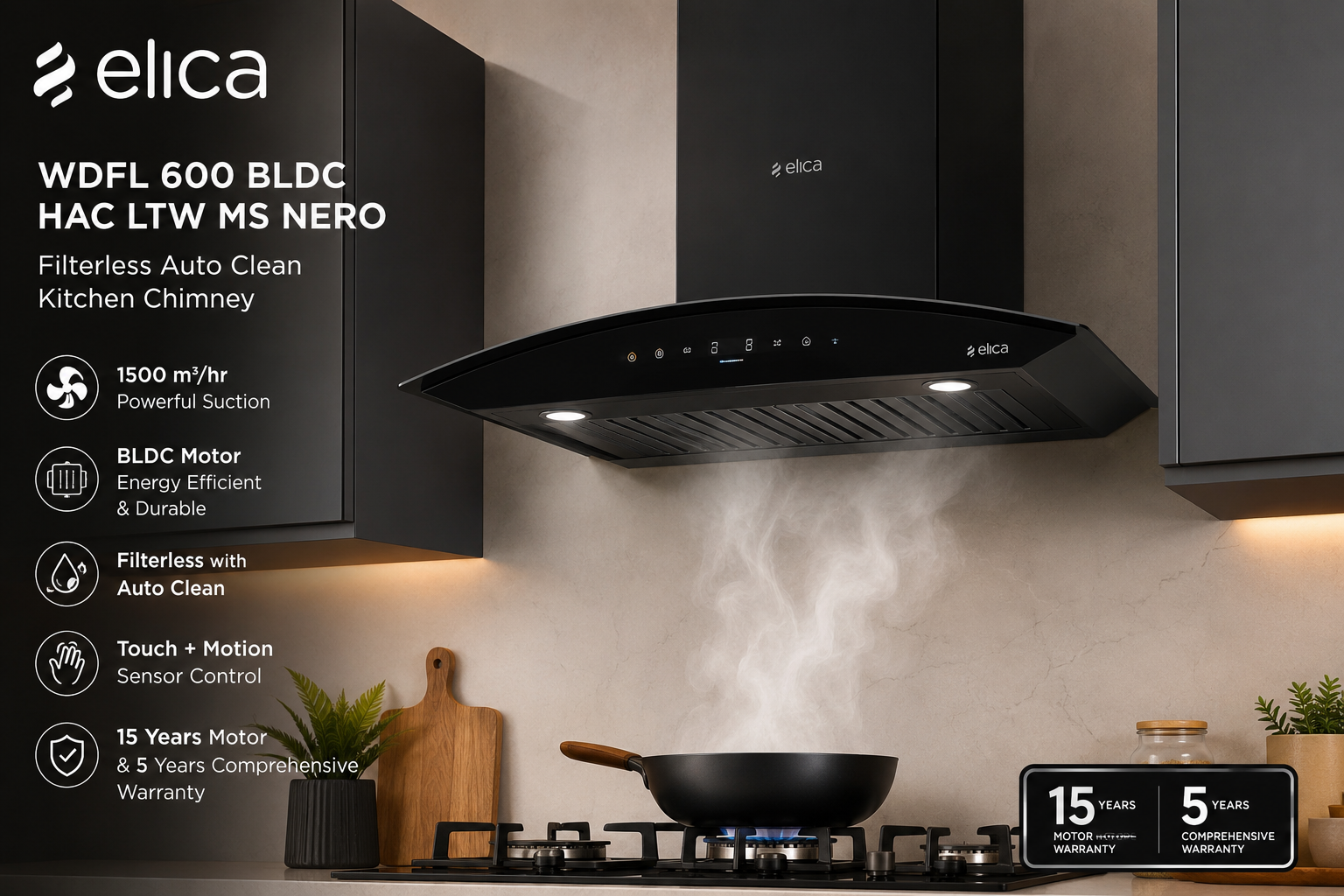 Elica 60cm 1500 m³/hr BLDC Filterless Auto Clean Kitchen Chimney Review – Smart Touch & Motion Sensor Chimney with 15 Years Motor Warranty